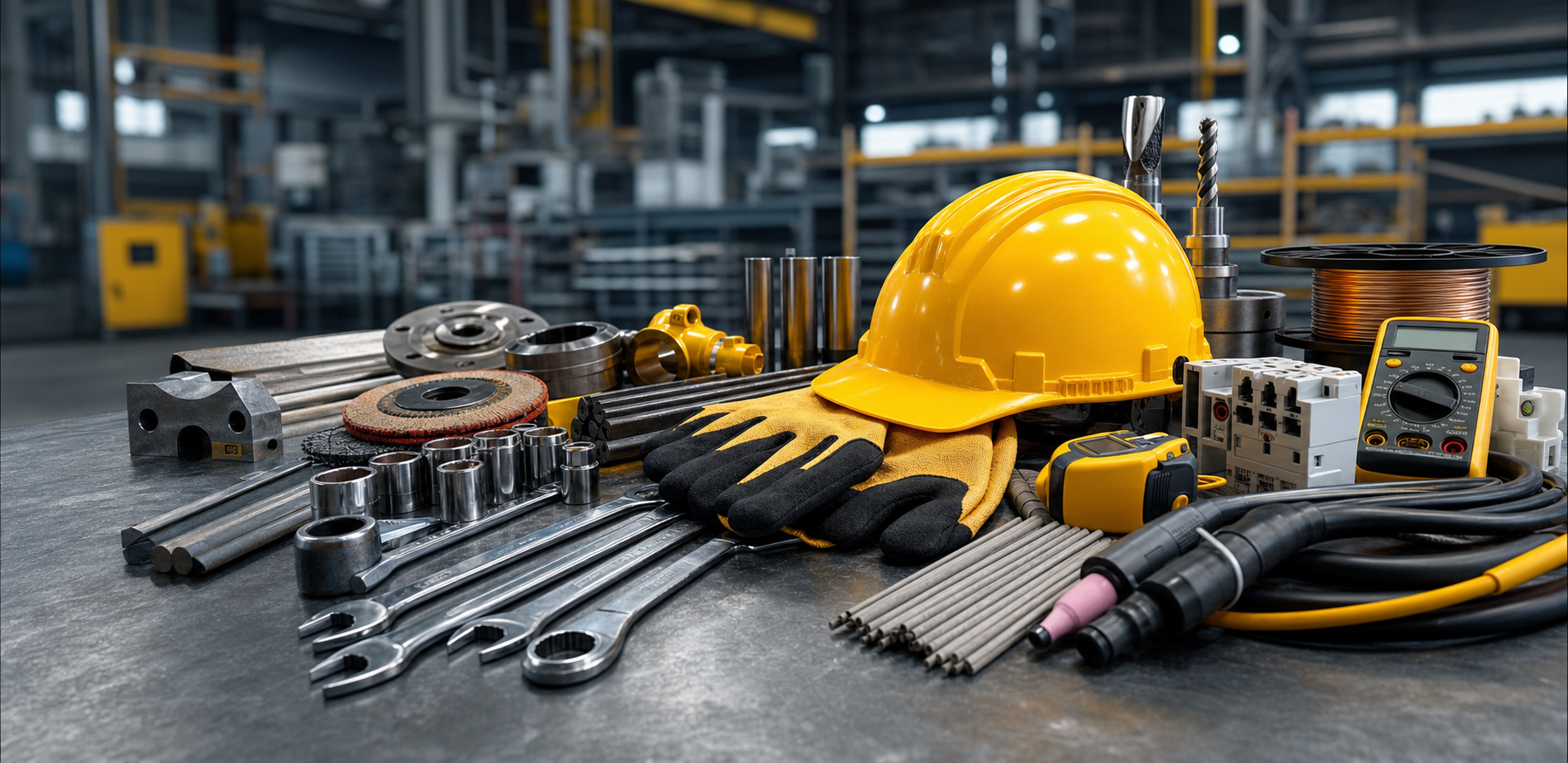 Industrial safety helmet, wrenches, welding consumables, and maintenance tools on a workshop bench